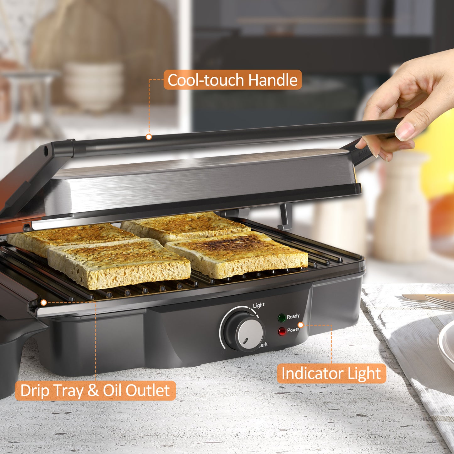 Versatile Stainless Steel Sandwich Maker with Adjustable Floating Hinge and Temperature Control