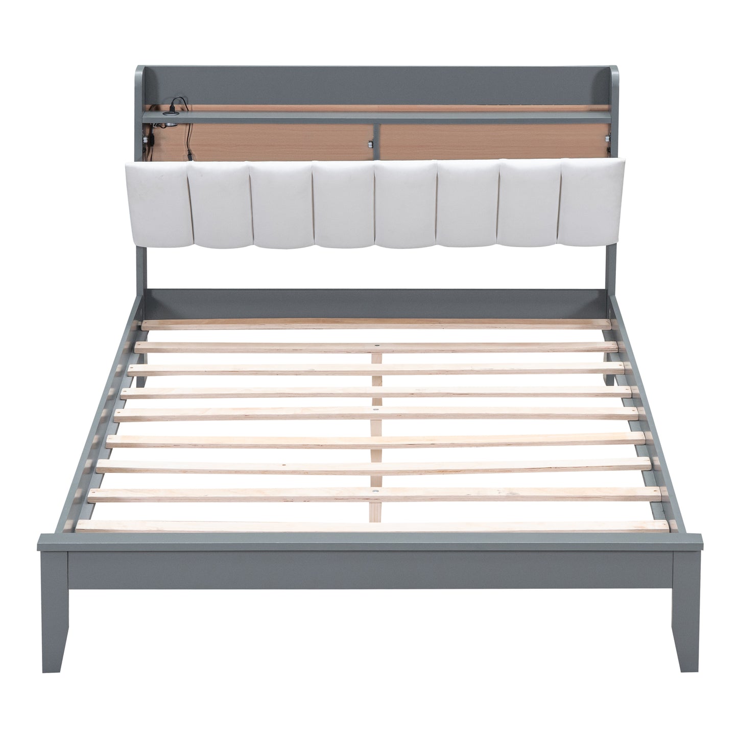 Full size Platform Bed with USB Charging Station and Storage Upholstered Headboard,LED Bed Frame,No Box Spring Needed,Gray+White