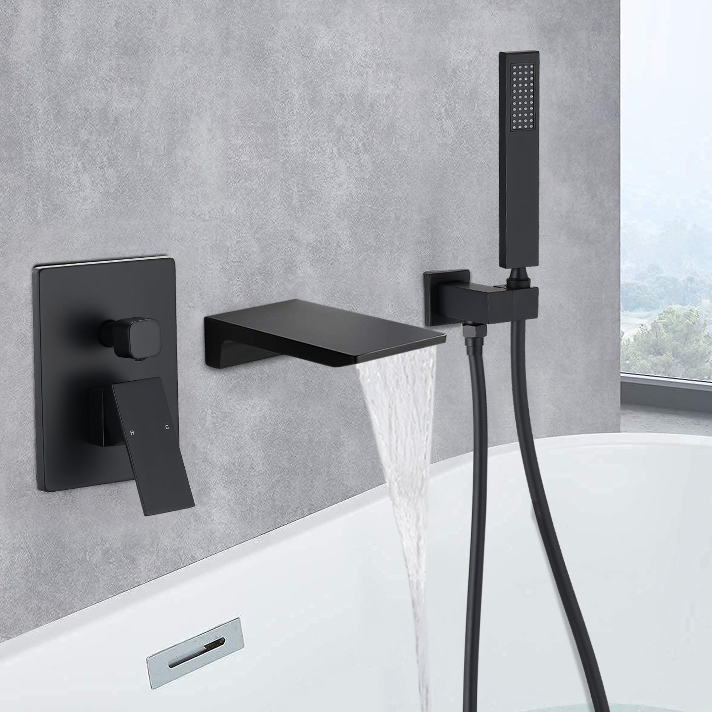 Black Matte Waterfall Wall Mounted Tub Faucet with Handheld Shower