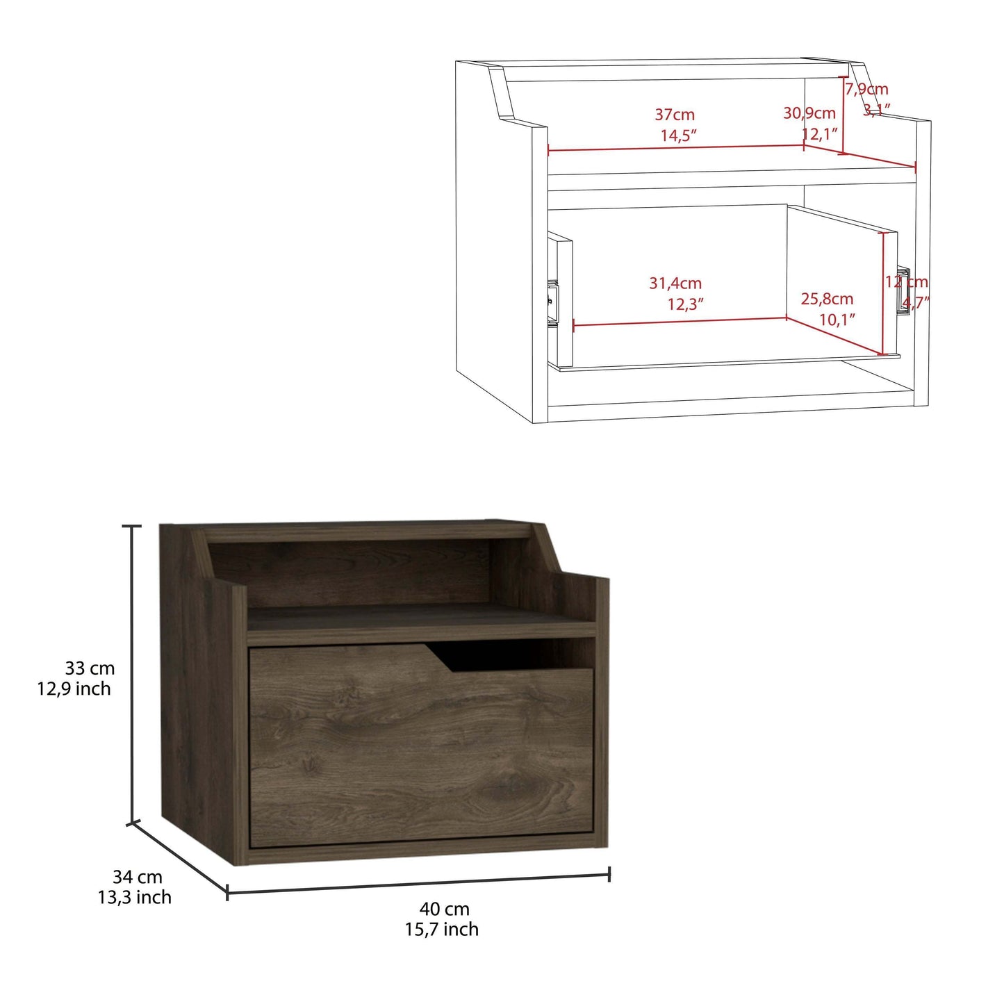 Busan Modern Floating Nightstand, Single-Drawer Design with Sleek Two-Tiered Top Shelf Surfaces- Dark Brown - Bedroom