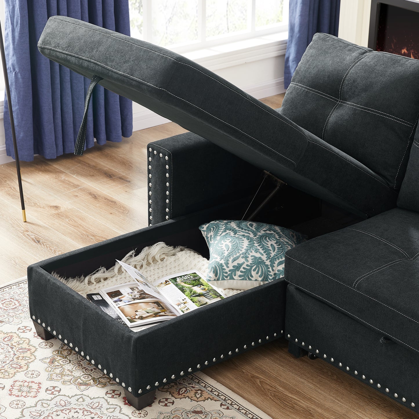 Sleeper Sofa Sectional with Reversible Storage Chaise and Side Storage Bag, Black Fabric, Modern Design