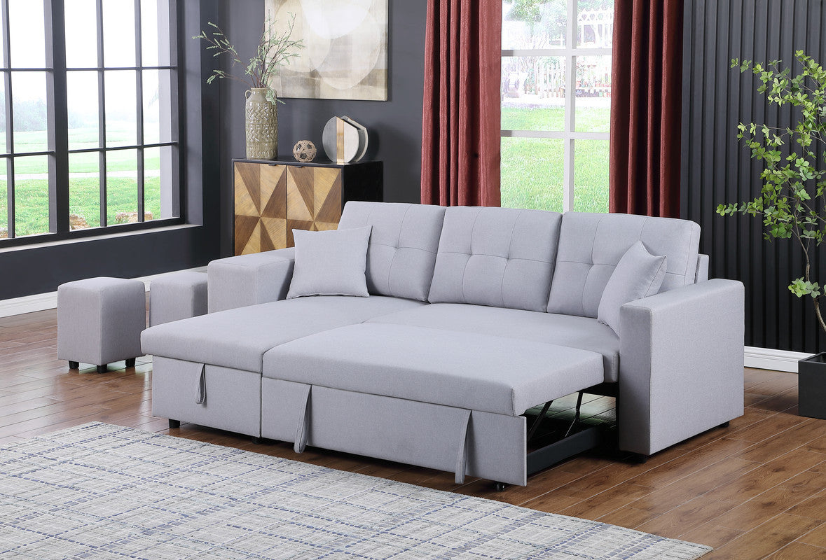 Dennis Light Gray Linen Fabric Reversible Sleeper Sectional with Storage Chaise, Stools, Throw Pillows