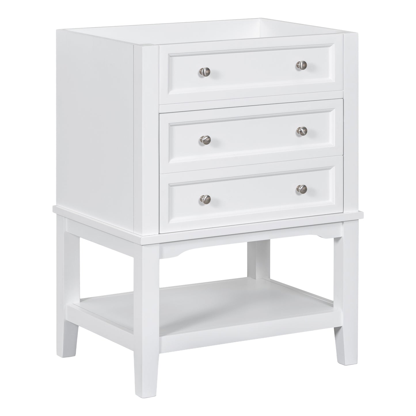 24" Bathroom Vanity Without Sink, Base Only, Solid Wood Frame, Bathroom Storage Cabinet with Drawer and Open Shelf, White