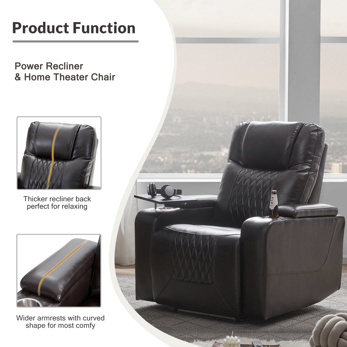 Electric Black Leather Recliner with USB Charger, Swivel Tray, and Hidden Storage