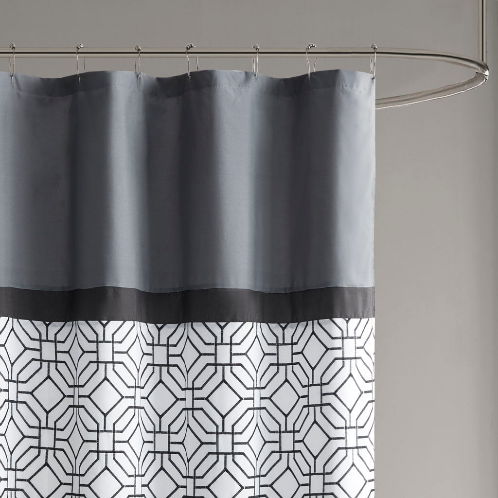 Embroidered Geometric Shower Curtain with Pintuck Design