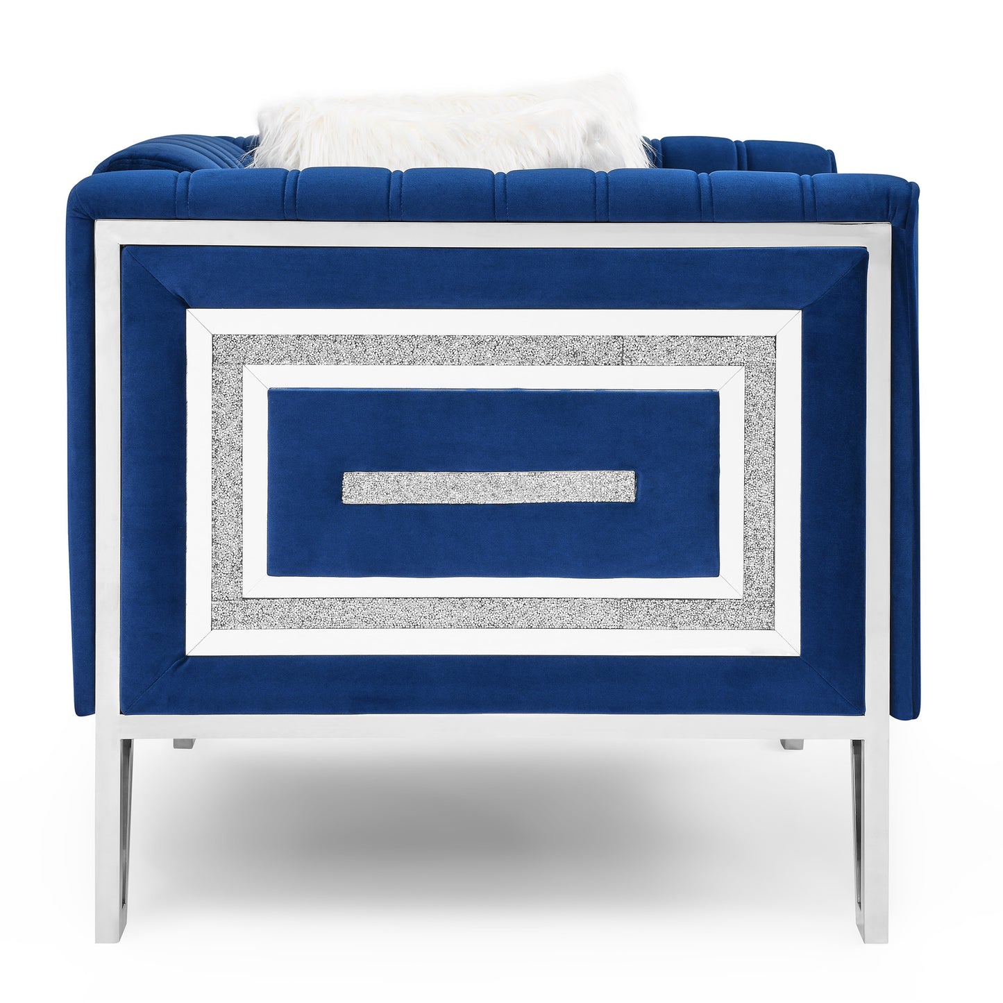 Sofa Chair with Mirrored Side Trim with Faux Diamonds and Stainless Steel Legs, Six White Villose Pillow, Blue (36.5"Lx32.75"Wx29.5"H)