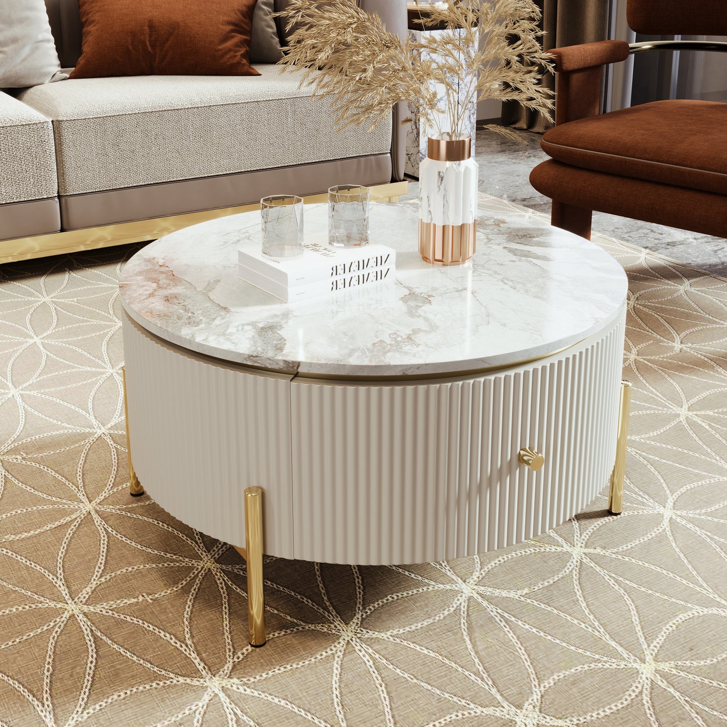 Sleek Round Coffee Table with Two Large Drawers Storage Accent Table (31.5'')