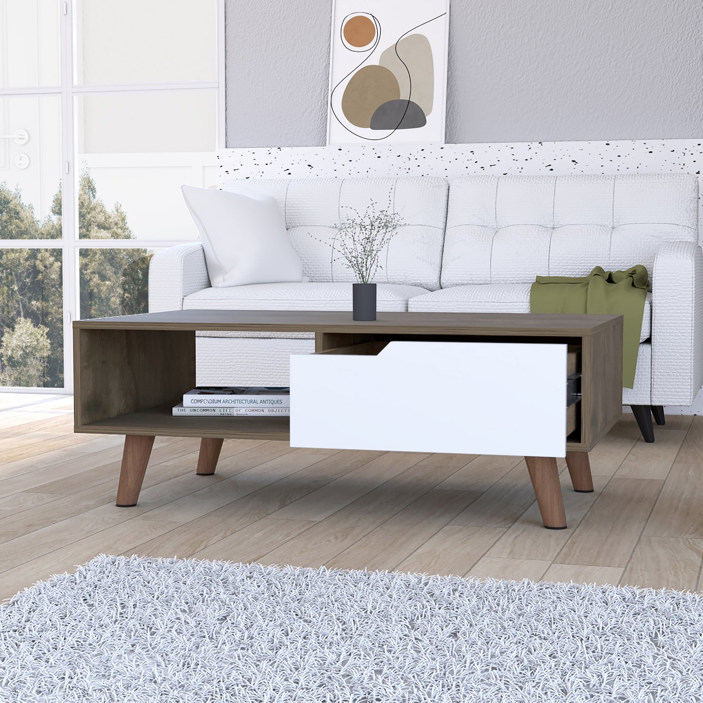 Elegant Dark Brown and White Coffee Table with Drawer and Shelf