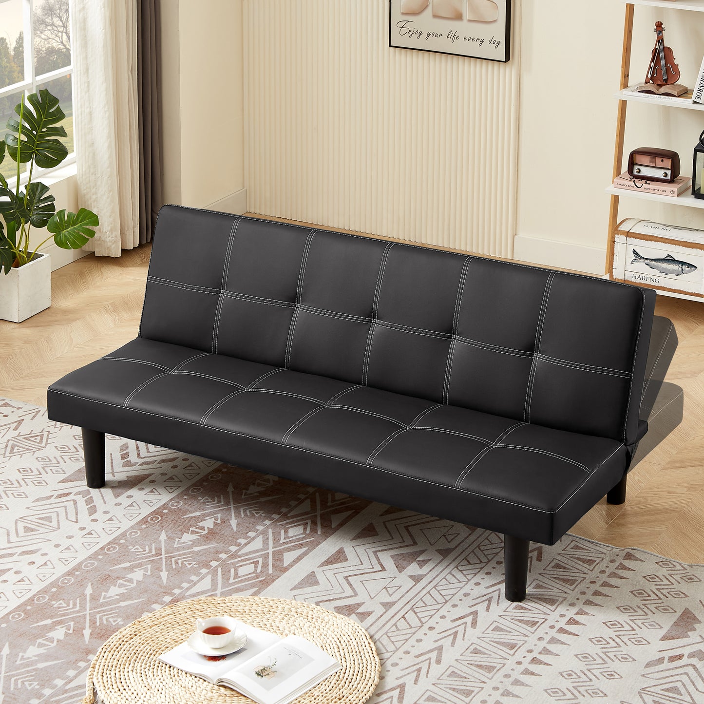 Black PU modern sofa bed, multi-position adjustable sofa bed, plastic feet