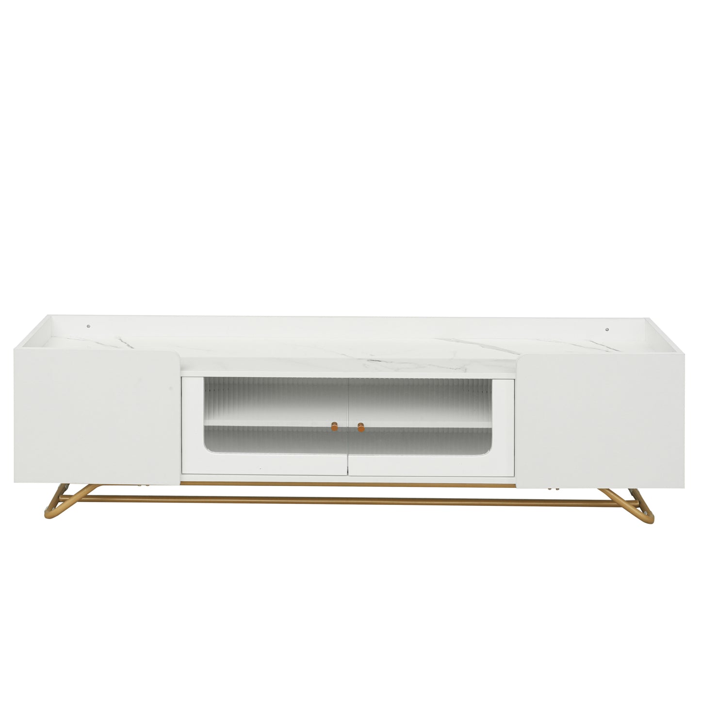 Contemporary White TV Stand with Fluted Glass Doors, Faux Marble Top, and Gold Metal Accents