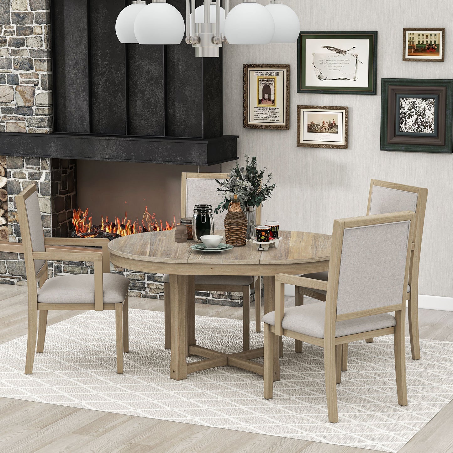 TREXM 5-Piece Dining Table Set, Two-Size Round To Oval Extendable Butterfly Leaf Wood Dining Table and 4 Upholstered Dining Chairs with Armrests (Natural Wood Wash)