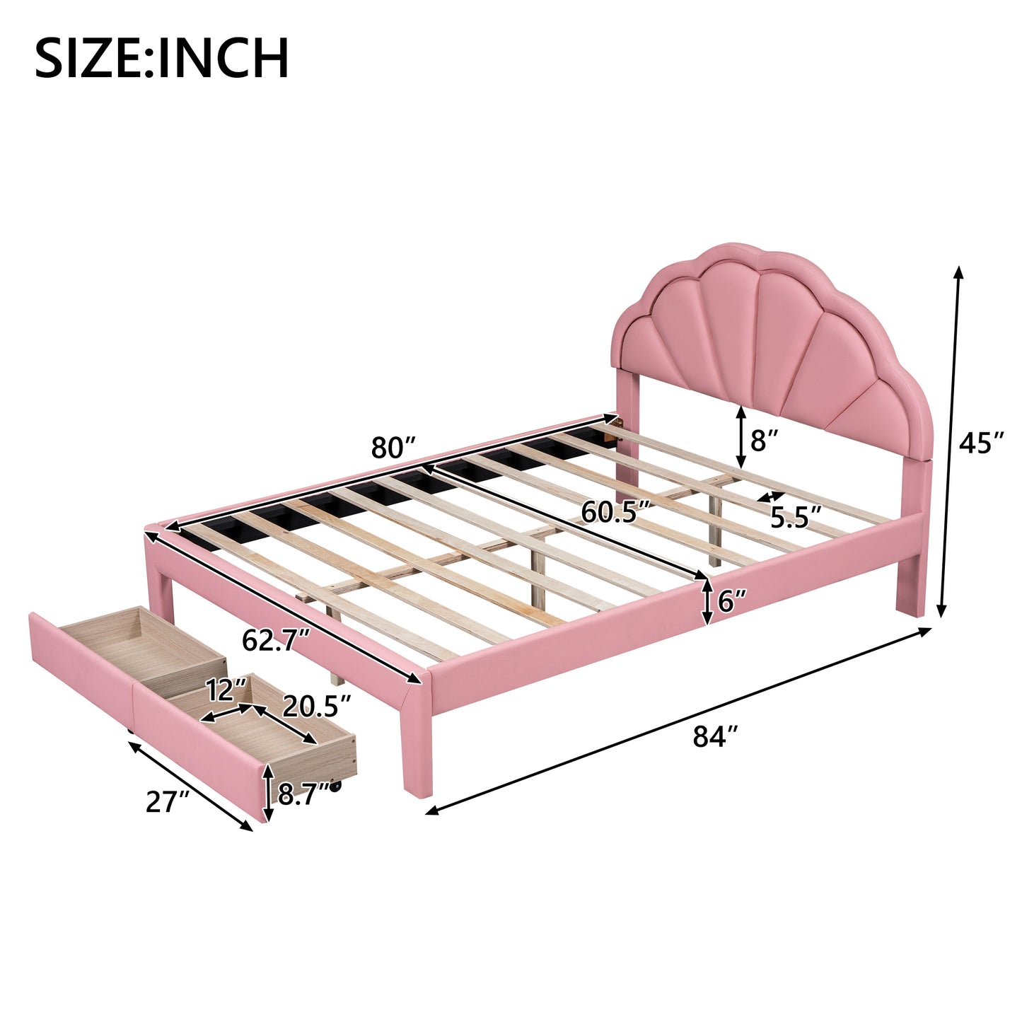 Queen Size Upholstered Platform Bed with Seashell Shaped Headboard, LED and 2 Drawers, Pink