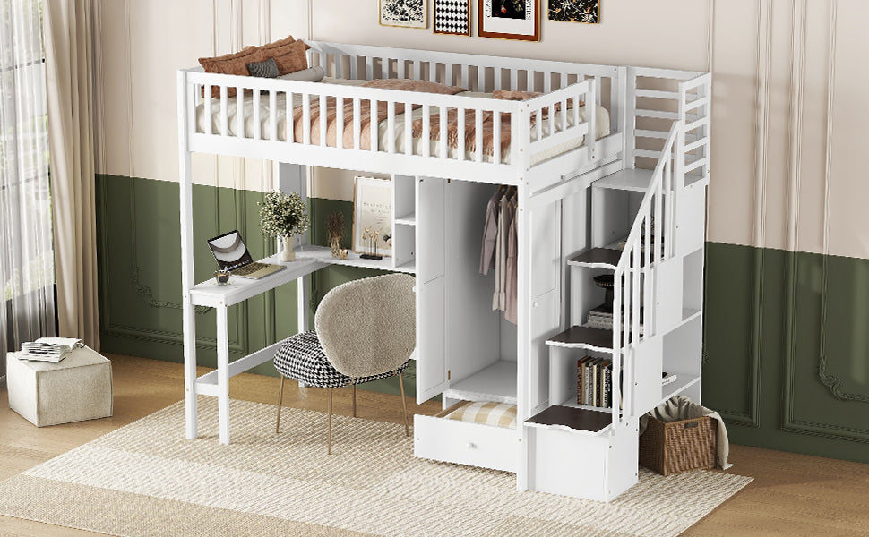 Twin size Loft Bed with Bookshelf,Drawers,Desk,and Wardrobe-White