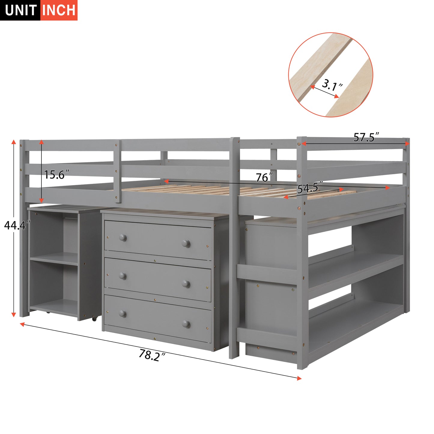 Low Study Full Loft Bed with Cabinet ,Shelves and Rolling Portable Desk ,Multiple Functions Bed- Gray