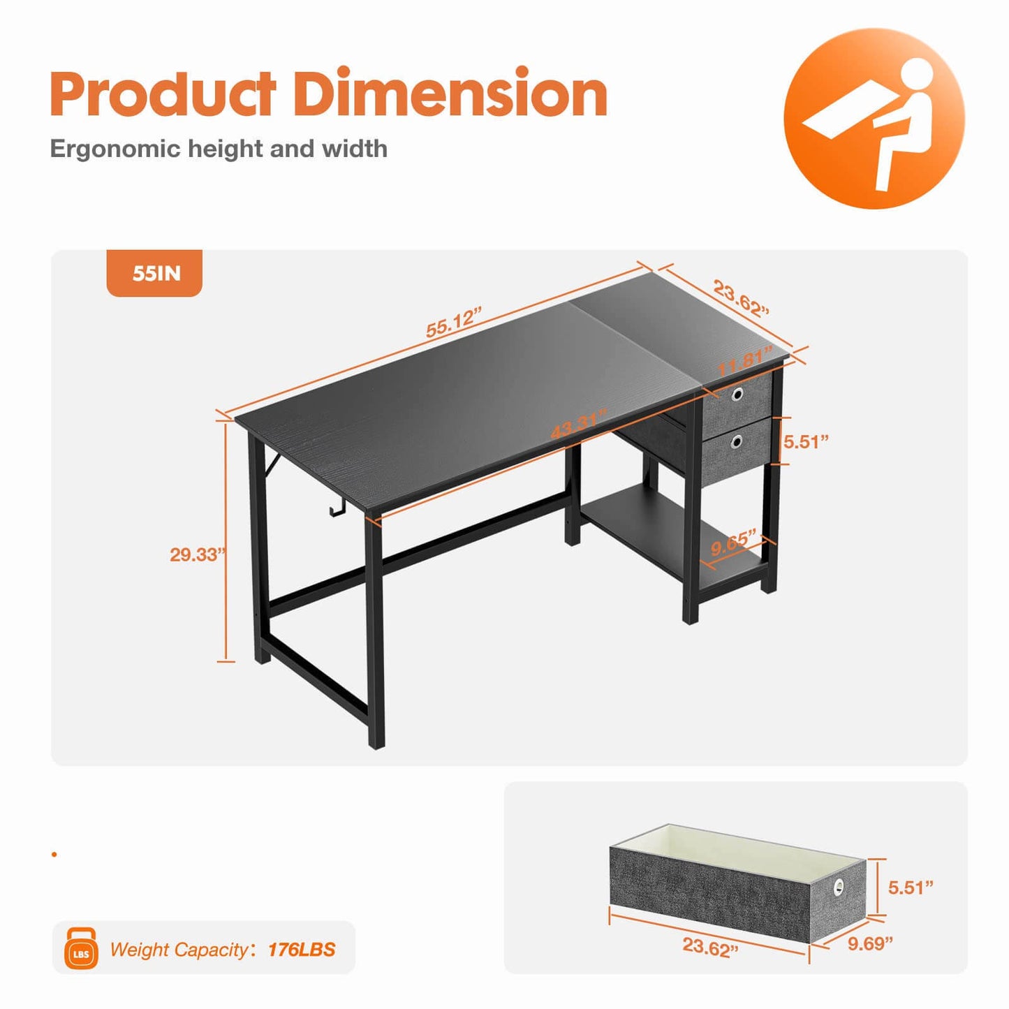 Black Wood Writing Desk with 2-Tier Storage Drawers - 55 Inches