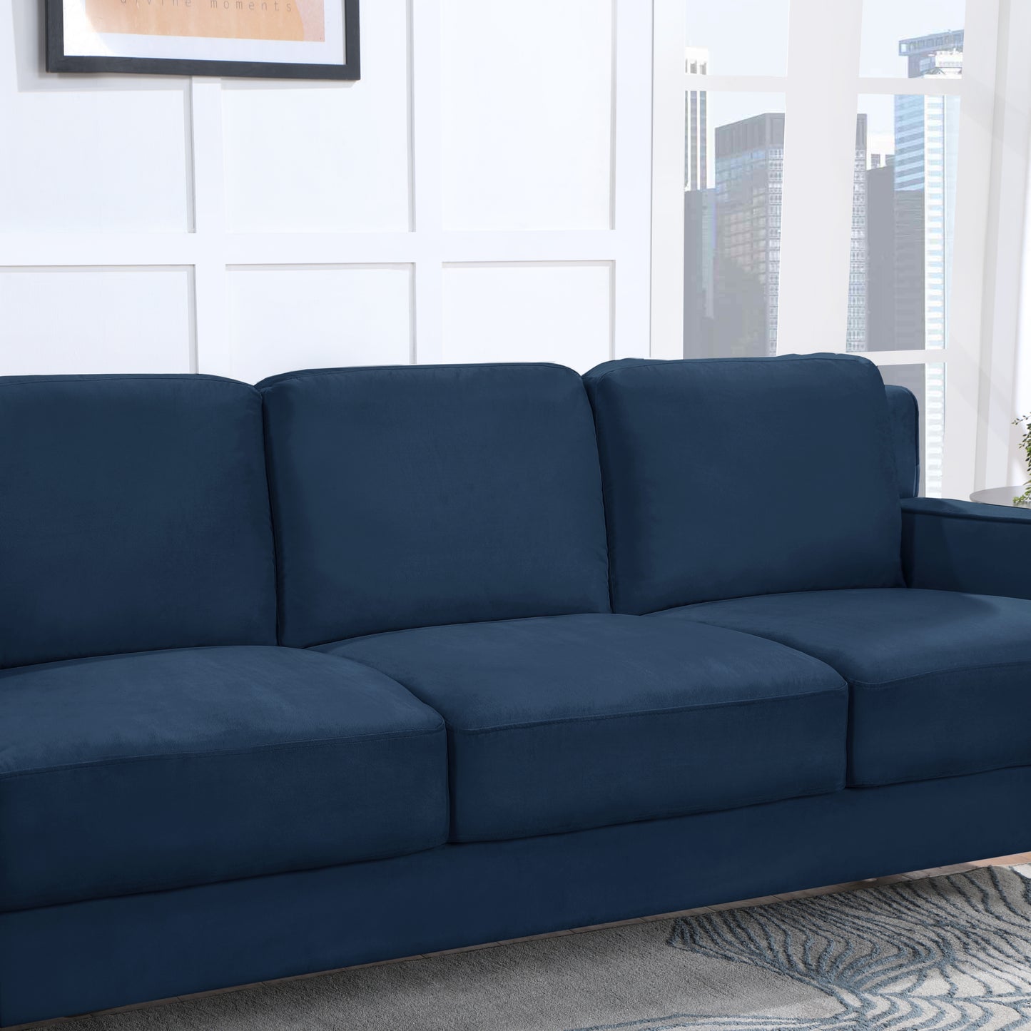 Blue Velvet 3-Seater Loveseat Sofa with High-Density Foam and Sturdy Frame