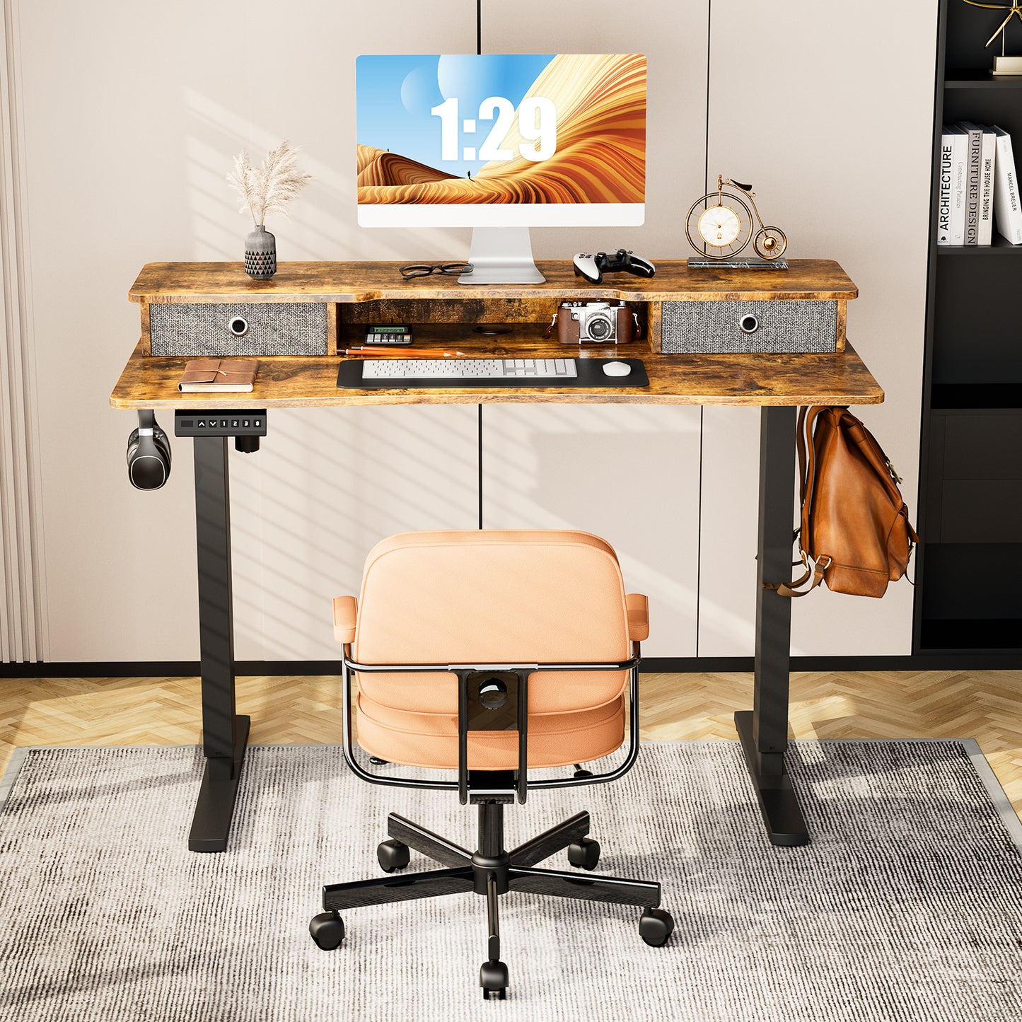 Electric Standing Desk with Height Adjustment, Storage Shelf, and Double Drawer