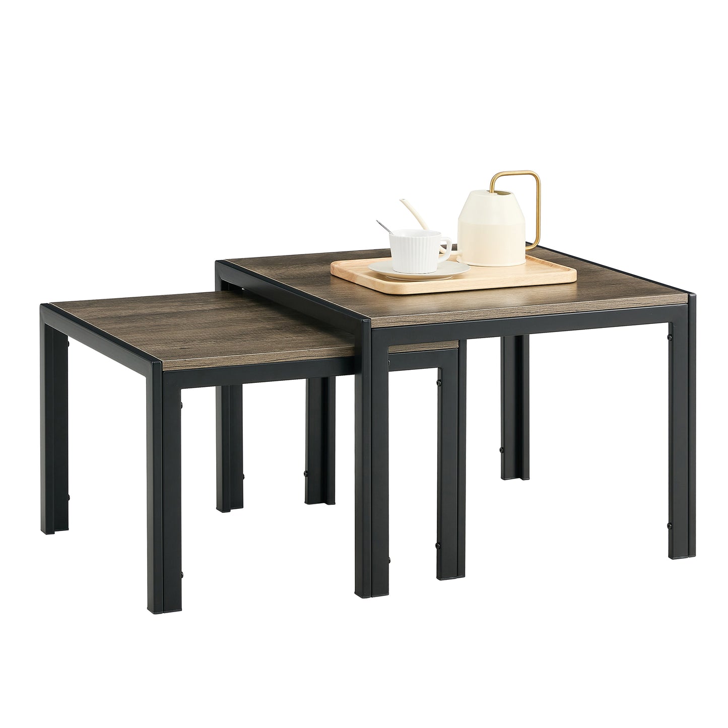 Oak Grey Modern Nesting Coffee Table Set of 2 with Tempered Glass Surface