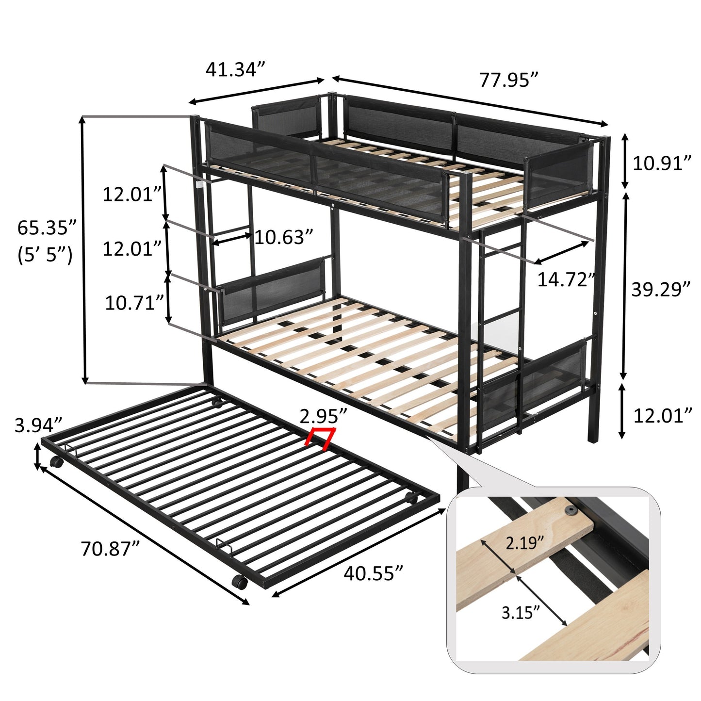 Metal Twin Bunk Bed with Trundle and Textilene Guardrails - Space-Saving Twin Over Twin Bunk Bed