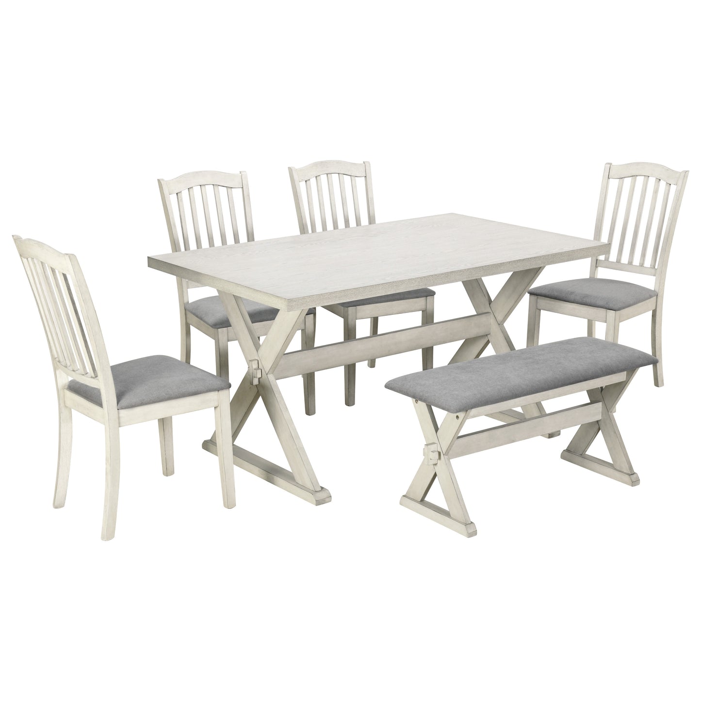 TREXM 6-Piece Rustic Dining Set, Rectangular Trestle Table and 4 Upholstered Chairs & 1 Bench for Dining Room (White Washed)