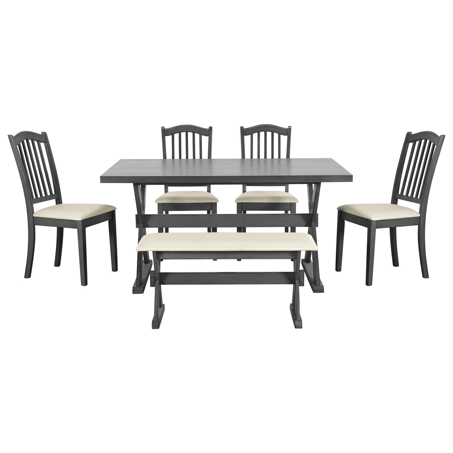 TREXM 6-Piece Rustic Dining Set, Rectangular Trestle Table and 4 Upholstered Chairs & Bench for Dining Room (Gray)