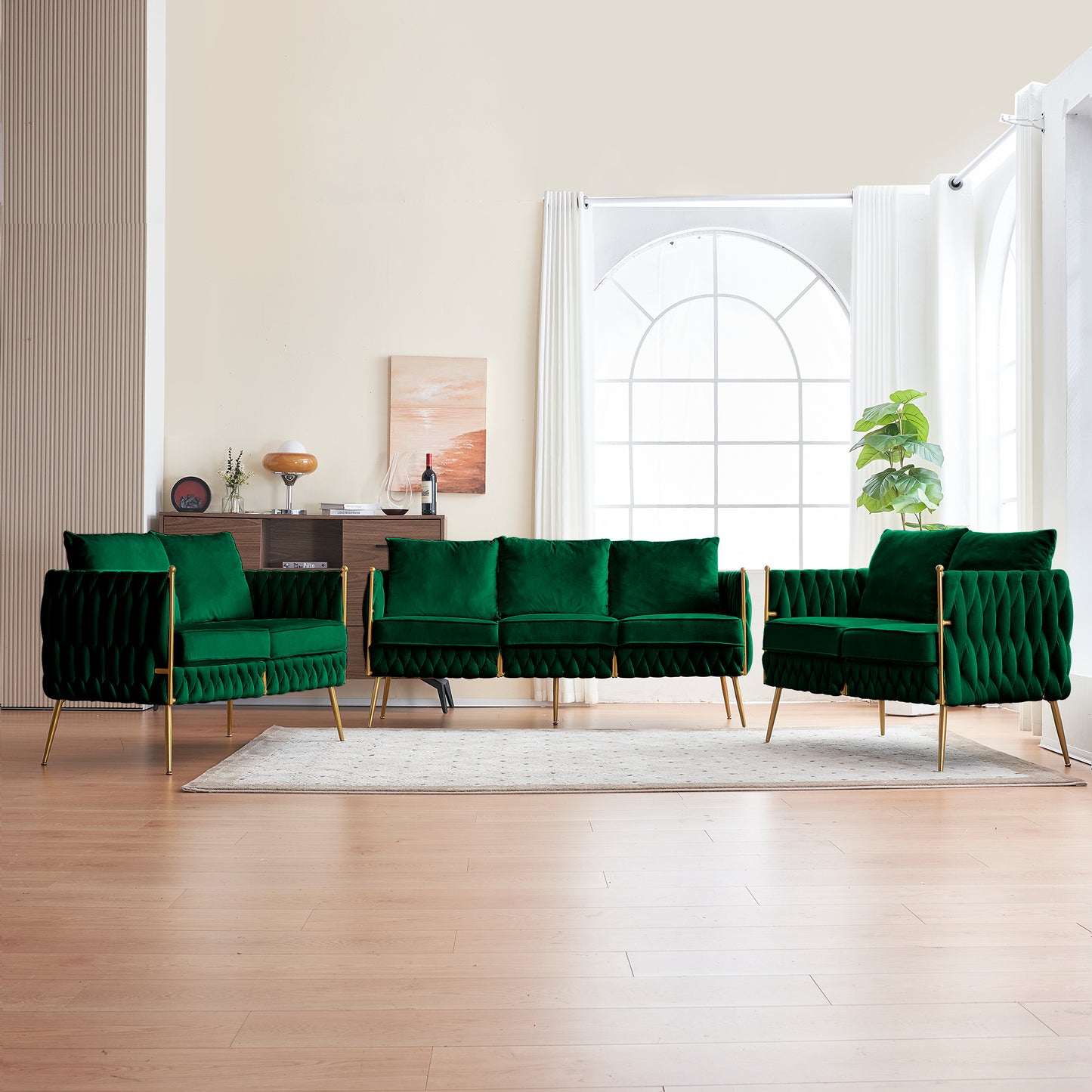 Elegant Green Velvet Living Room Set with Handwoven Tufted Back and Arms