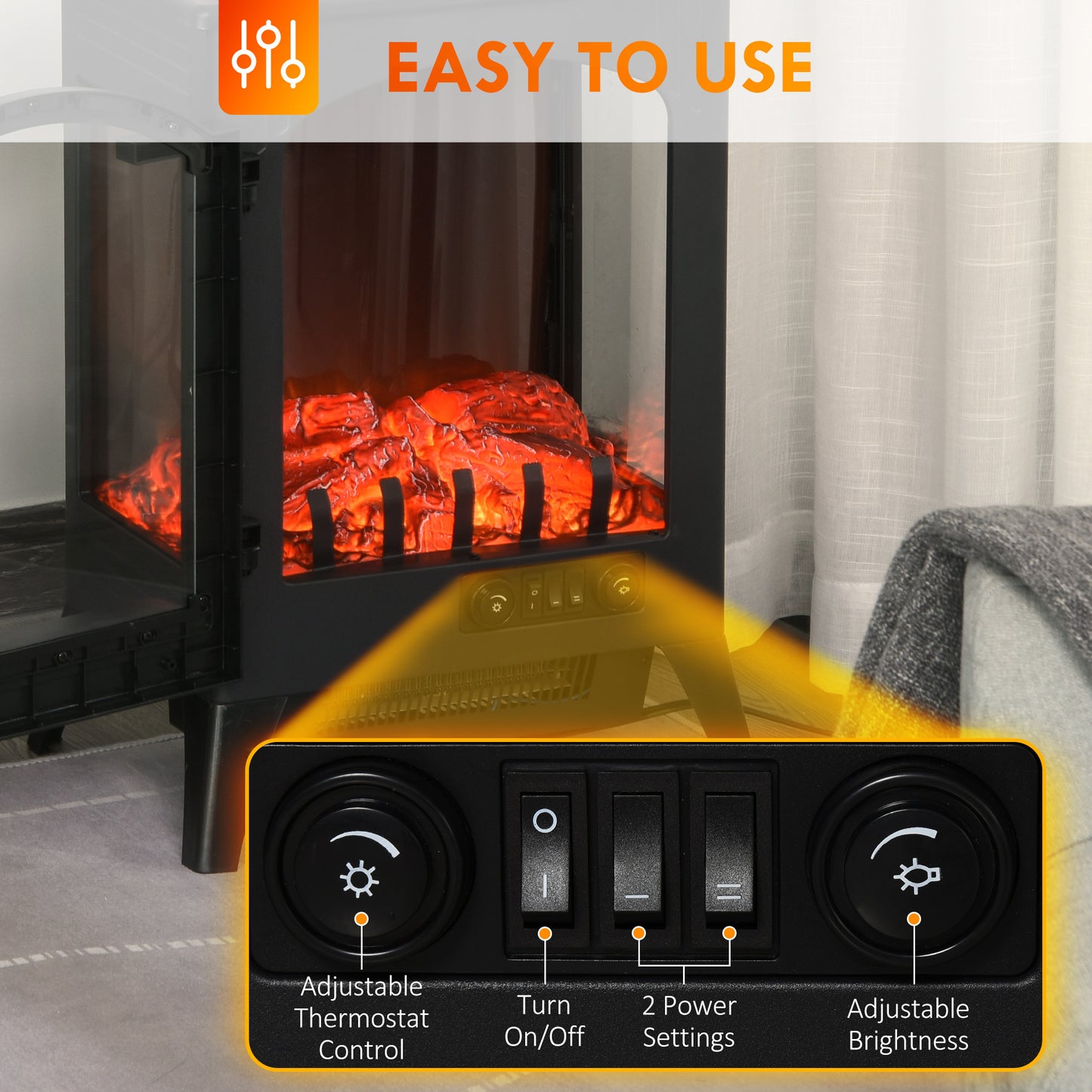23 Black Electric Fireplace Heater with Realistic LED Flames and Overheating Protection