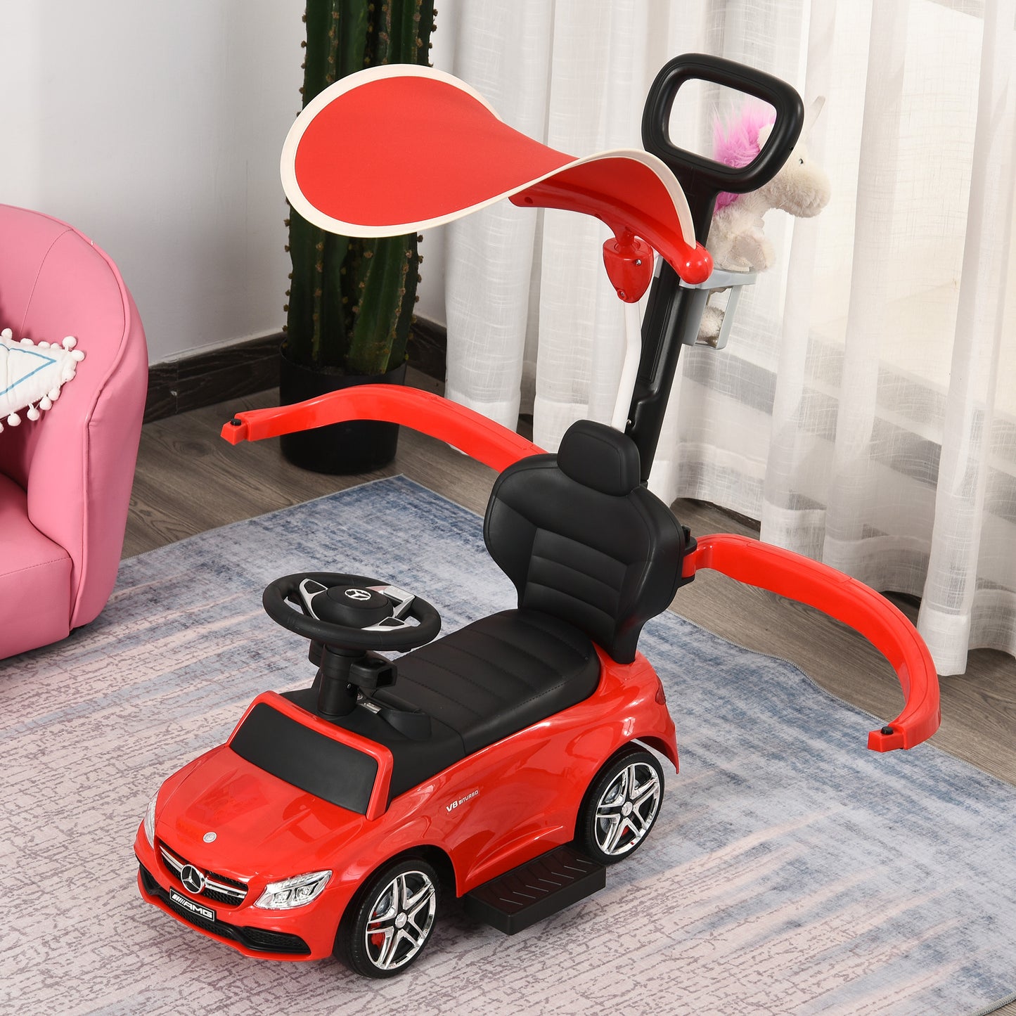 3 in 1 Ride on Push Cars for Toddlers, Stroller Sliding Walking Car with Sun Canopy, Horn, Music, Safety Bar, Cup Holder and Storage, Red