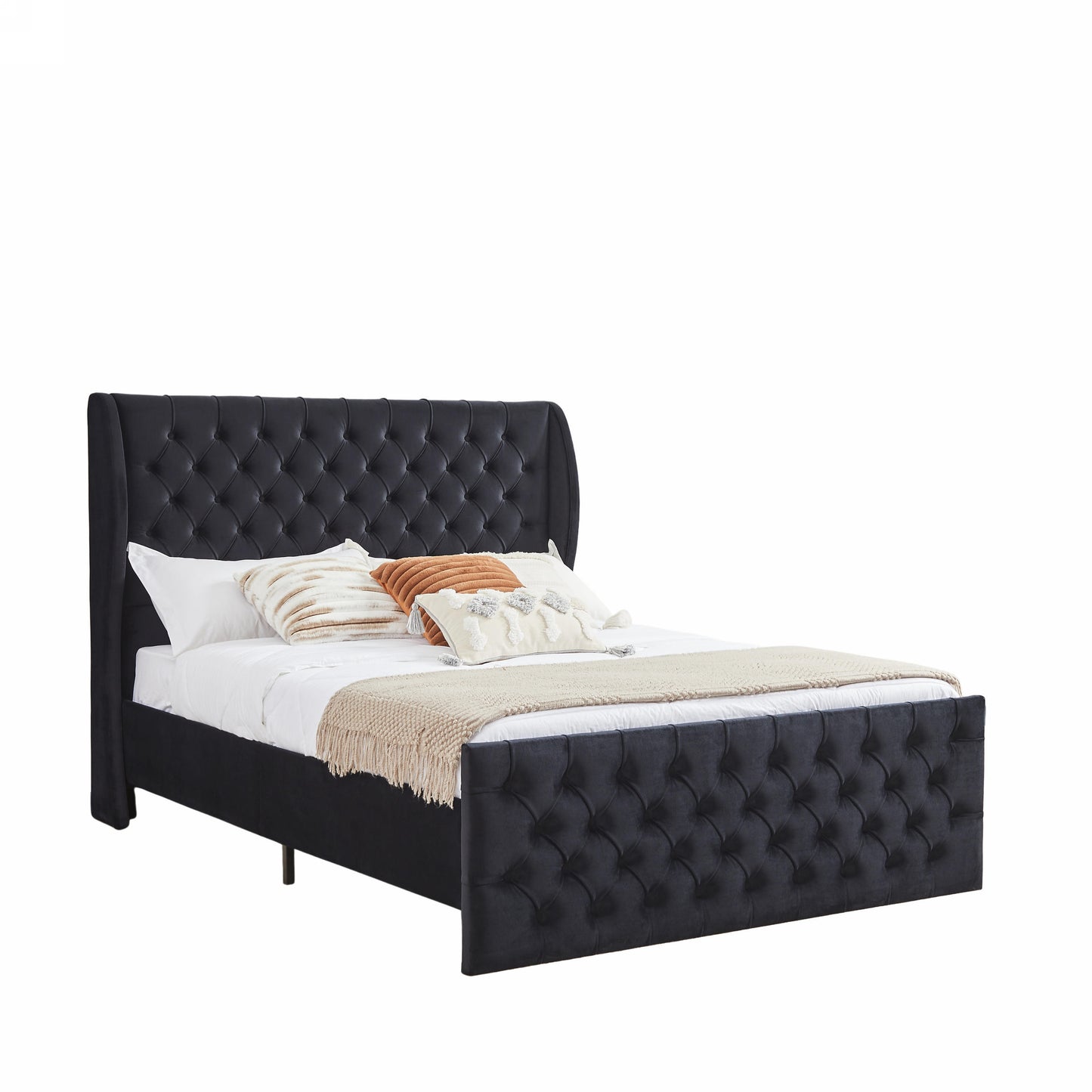 Queen Size Platform Bed Frame, Velvet Upholstered Sleigh Bed with Scroll Wingback Headboard & Footboard/Button Tufted/No Box Spring Required/Easy Assembly/Black