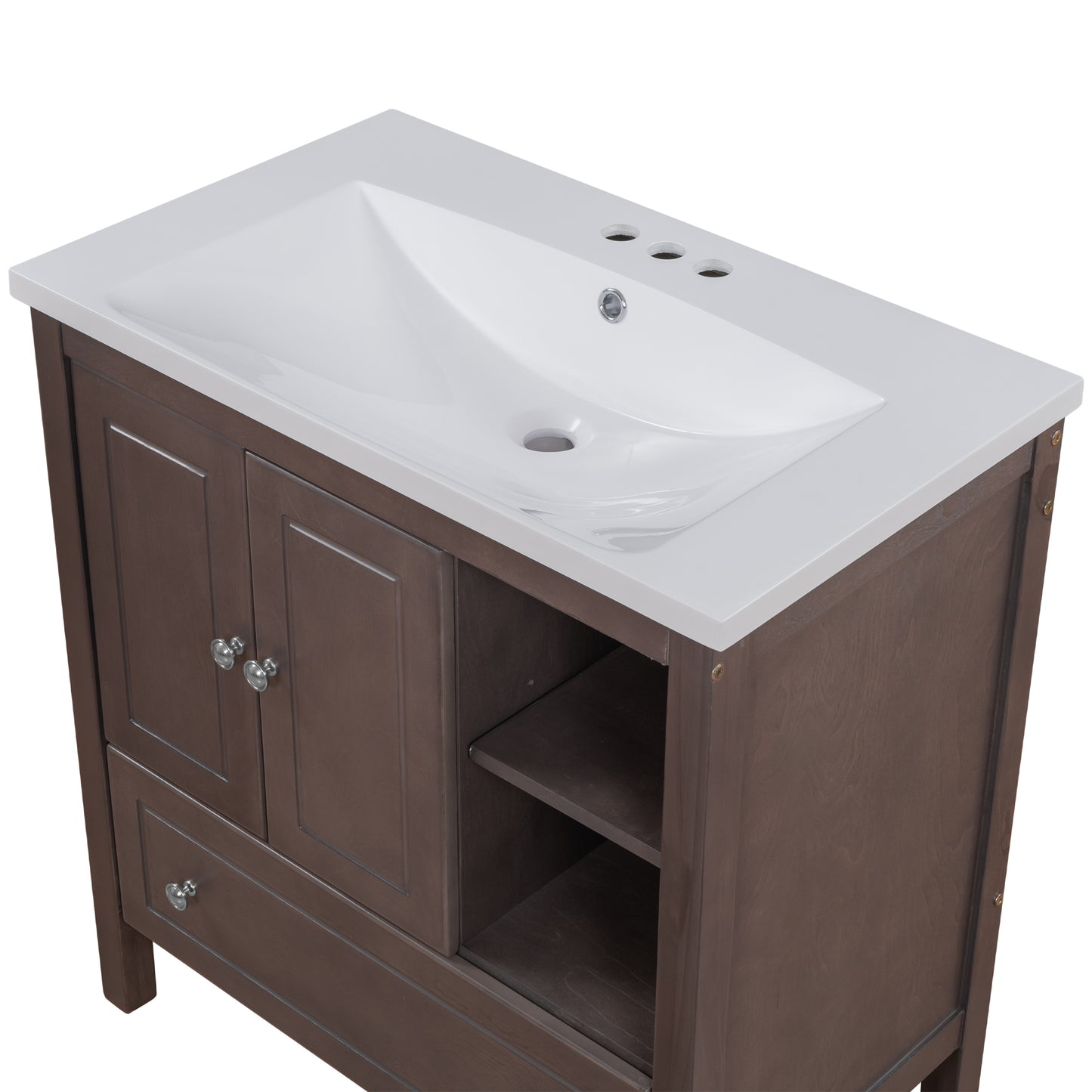 30" Bathroom Vanity with Sink, Bathroom Storage Cabinet with Doors and Drawers, Solid Wood Frame, Ceramic Sink, Brown