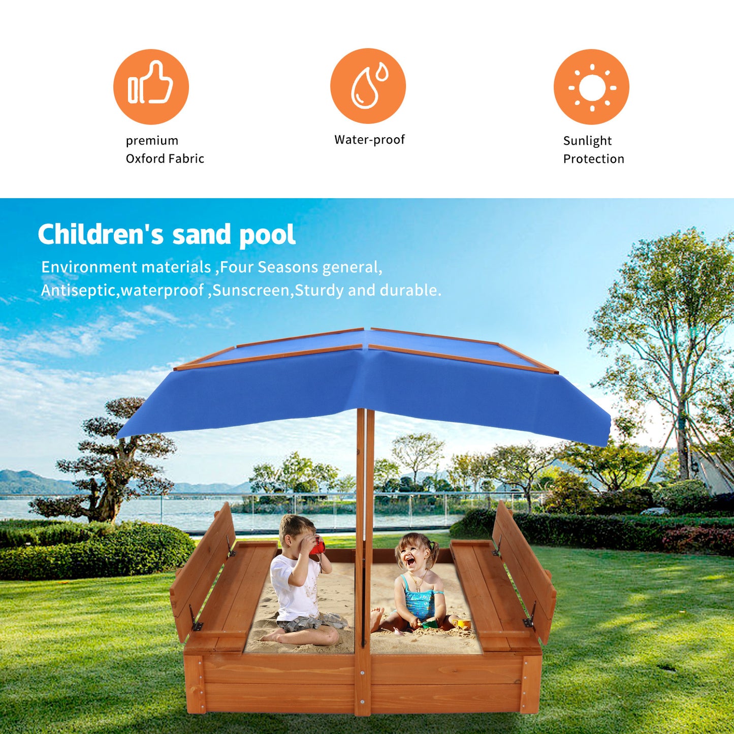 Wooden Sandbox with Adjustable Canopy and Bench Seats for Children 3-8 Years Old