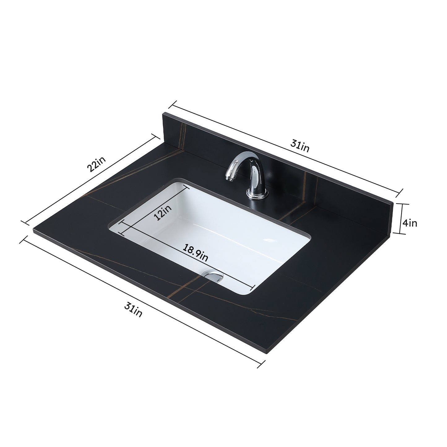 Montary 31inch sintered stone  bathroom vanity top  black gold color with undermount ceramic sink and single faucet hole with backsplash