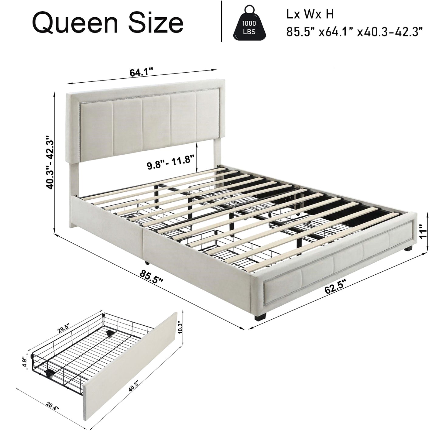 Upholstered Queen Size Platform Bed with LED Lights, Storage Bed with 4 Drawers, Beige color fabric