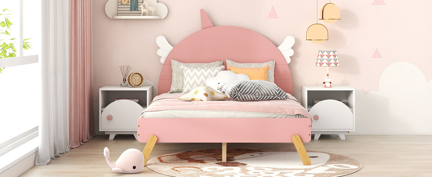 Wooden Cute Bed With Unicorn Shape Headboard,Full Size Platform Bed,Pink