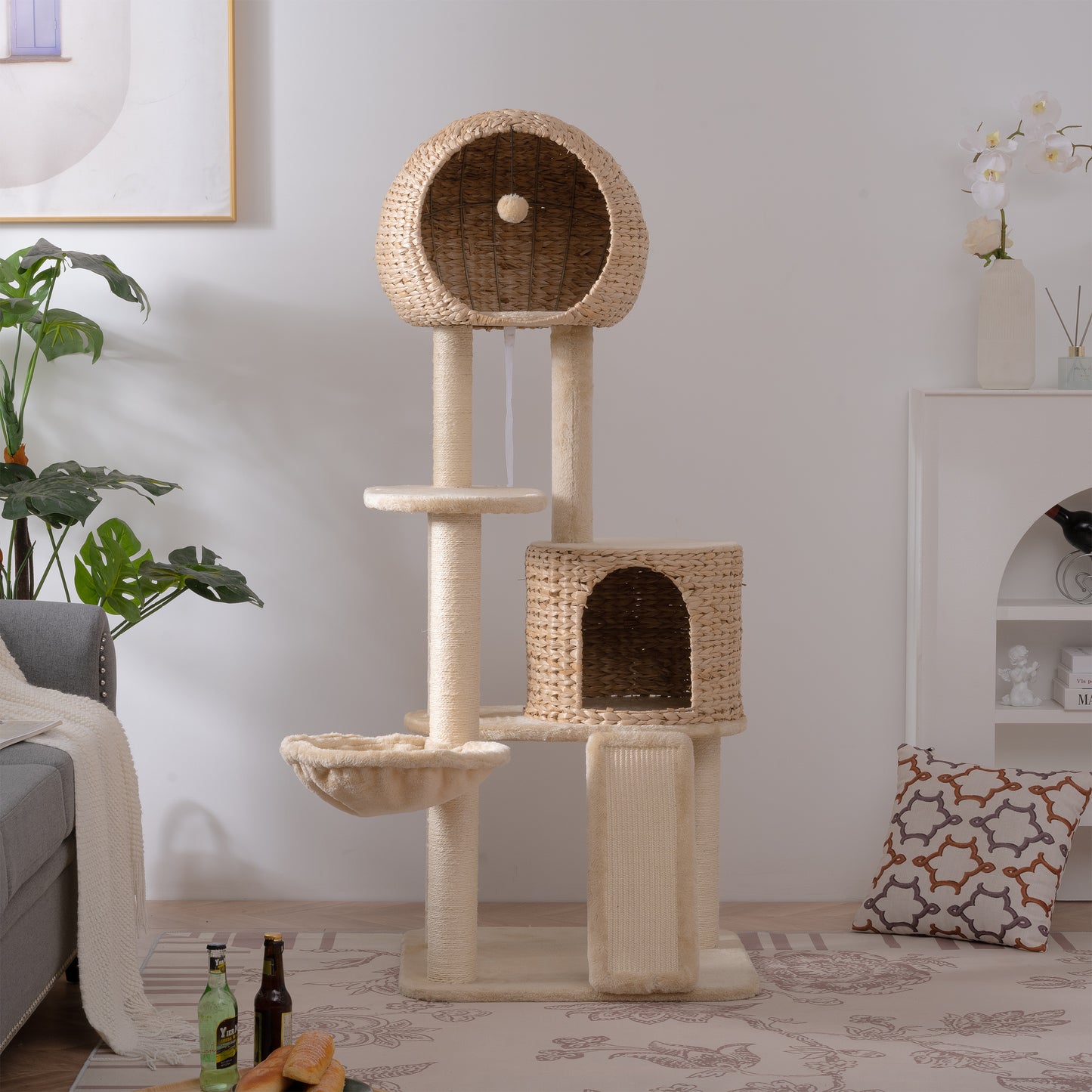 Cat Tree, 59-Inch Cat Tower for Indoor Cats, Plush Multi-Level Cat Condo with 2 Perches, 2 Caves, Cozy Basket and Scratching Board, Beige