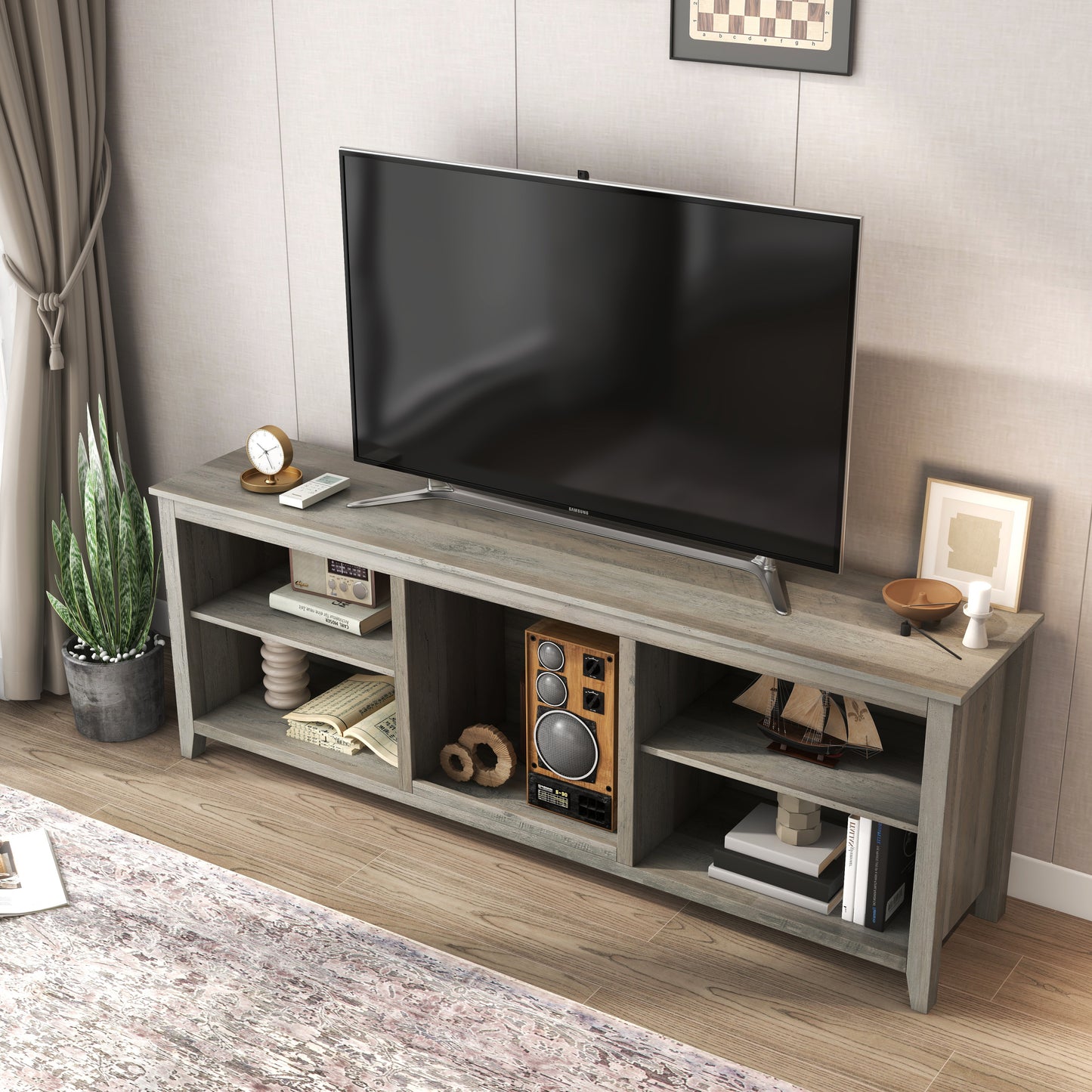 Versatile Industrial Style TV Stand with Spacious Open Storage - Grey Walnut