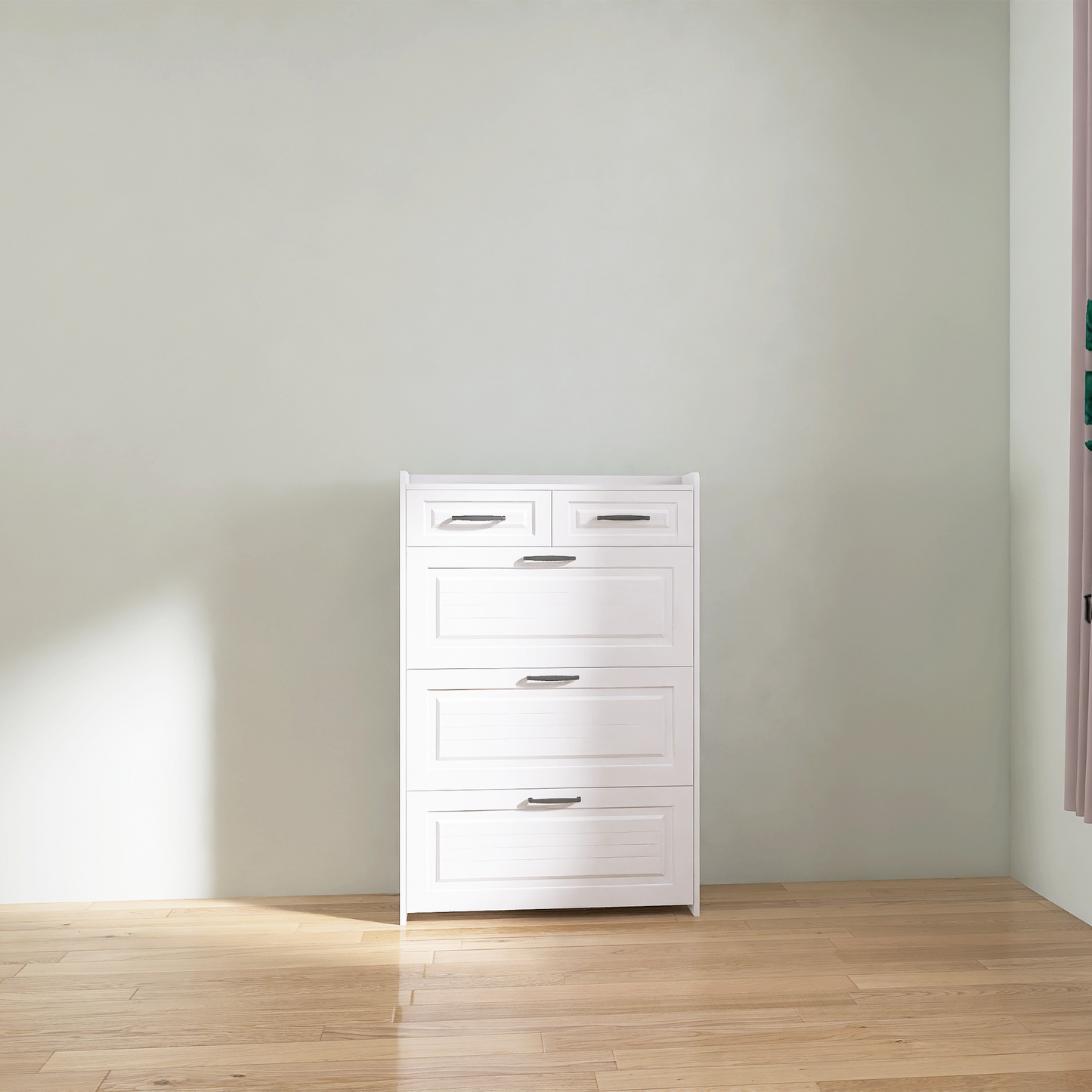 White color shoe cabinet  with 3 doors 2 drawers,PVC door with shape ,large space for storage