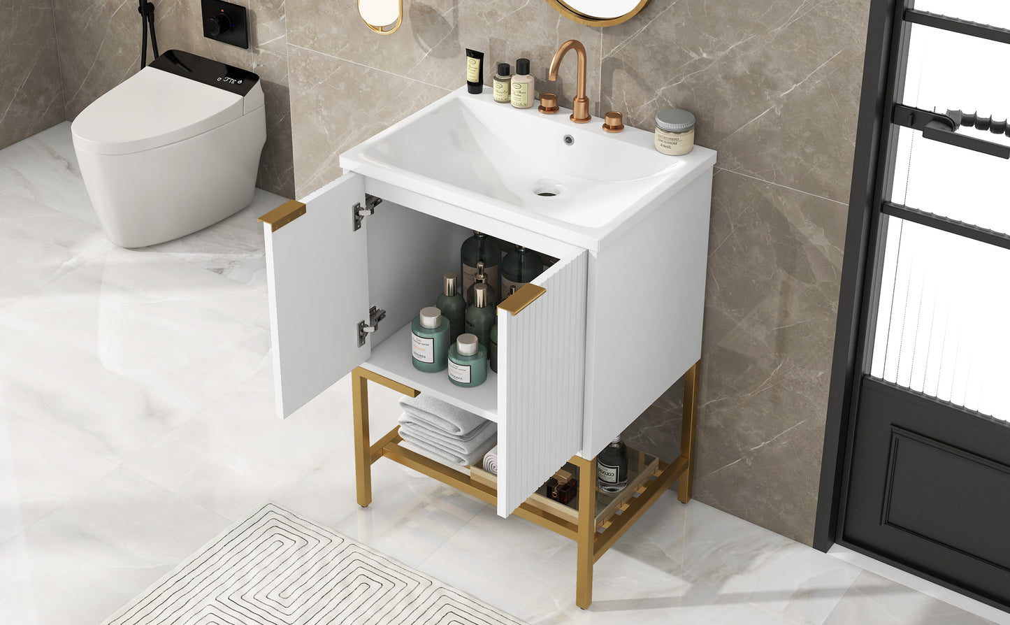 24" Bathroom Vanity with Sink, Bathroom Vanity Cabinet with Two Doors and Gold Metal Frame, Open Storage Shelf, White