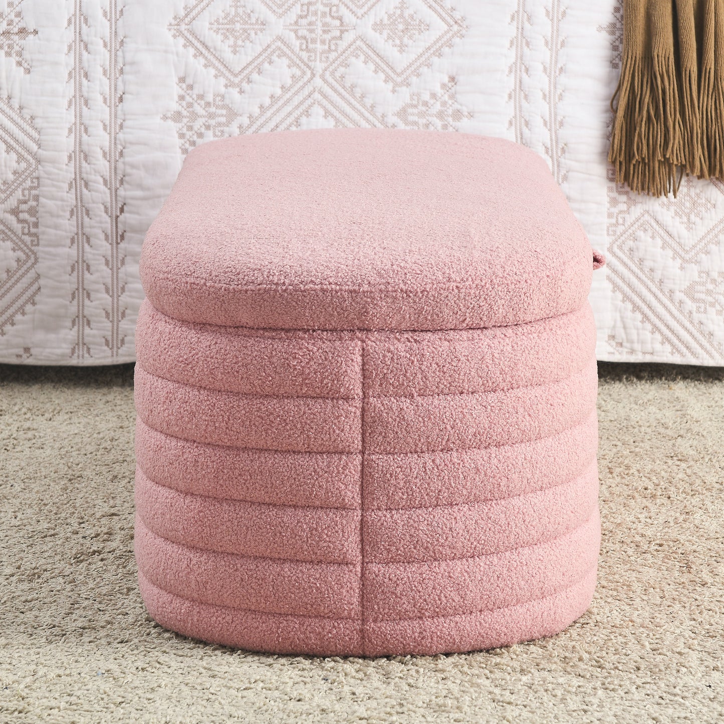 [Video] Welike Length 45.5 inchesStorage Ottoman Bench Upholstered Fabric Storage Bench End of Bed Stool with Safety Hinge for Bedroom, Living Room, Entryway, pink teddy.