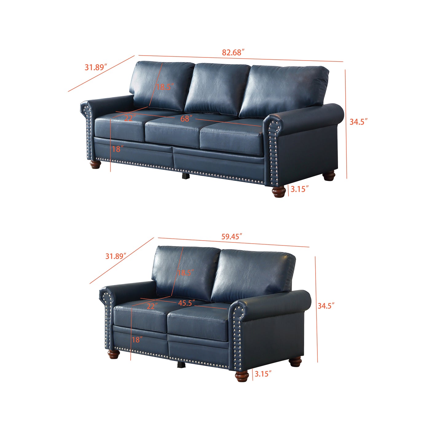 Living Room Sofa with Storage Sofa 2+3 Sectional Navy Blue Faux Leather