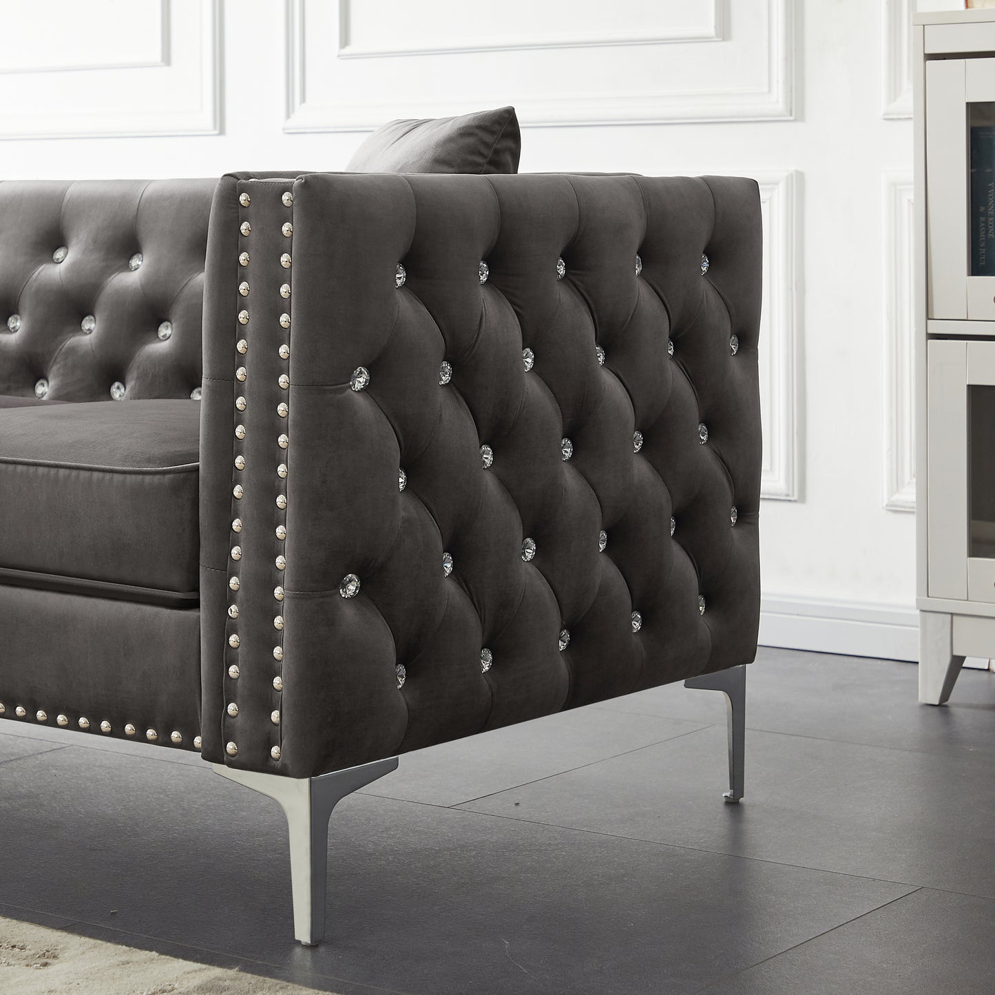 Modern Velvet Sofa with Jeweled Buttons and Tufted Square Arms, Grey, 2 Pillows Included