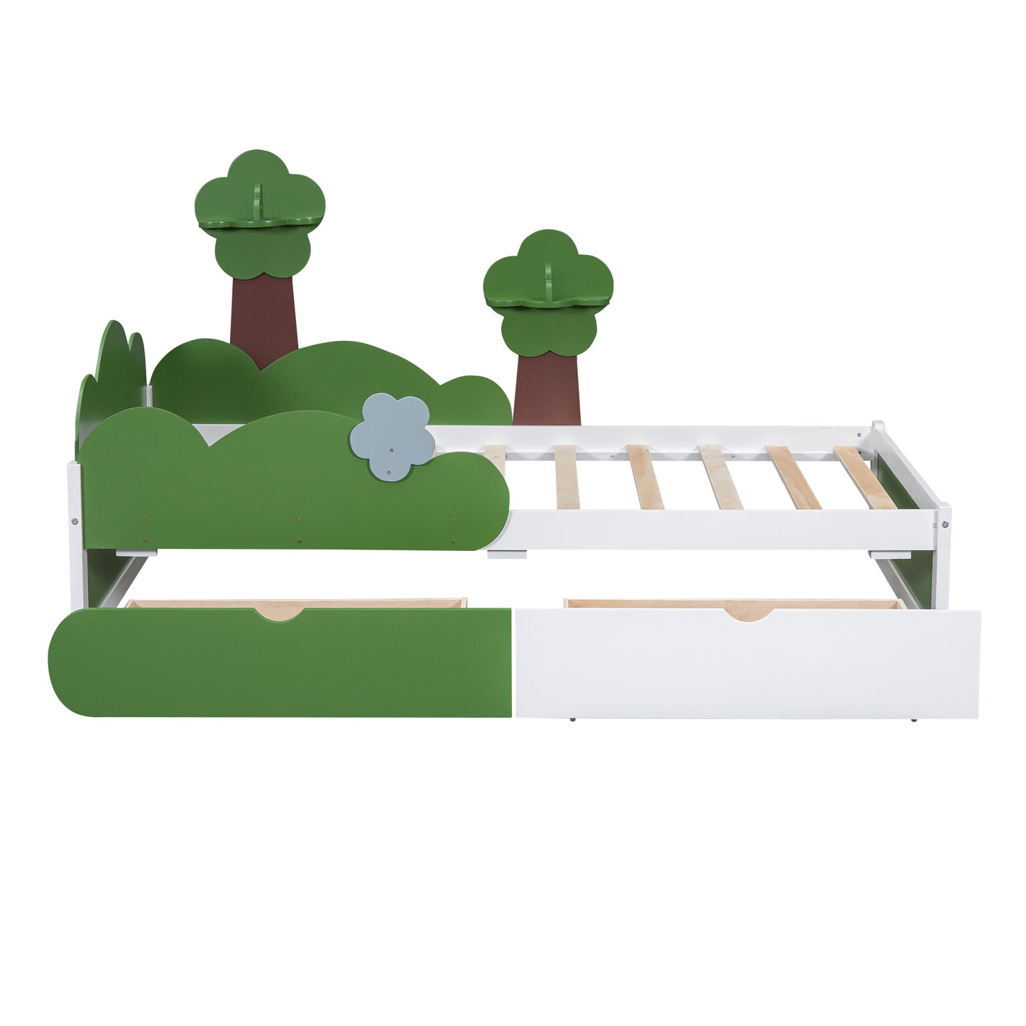 Twin Size Bed with Grass Hill and Trees Decor