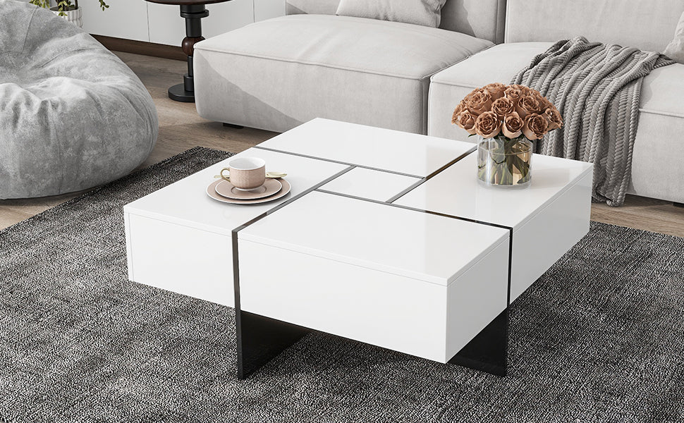 Innovative Extendable Coffee Table with Hidden Storage Compartments and Puzzle-like Design, High-gloss Center Table for Living Room, 31.5x 31.5