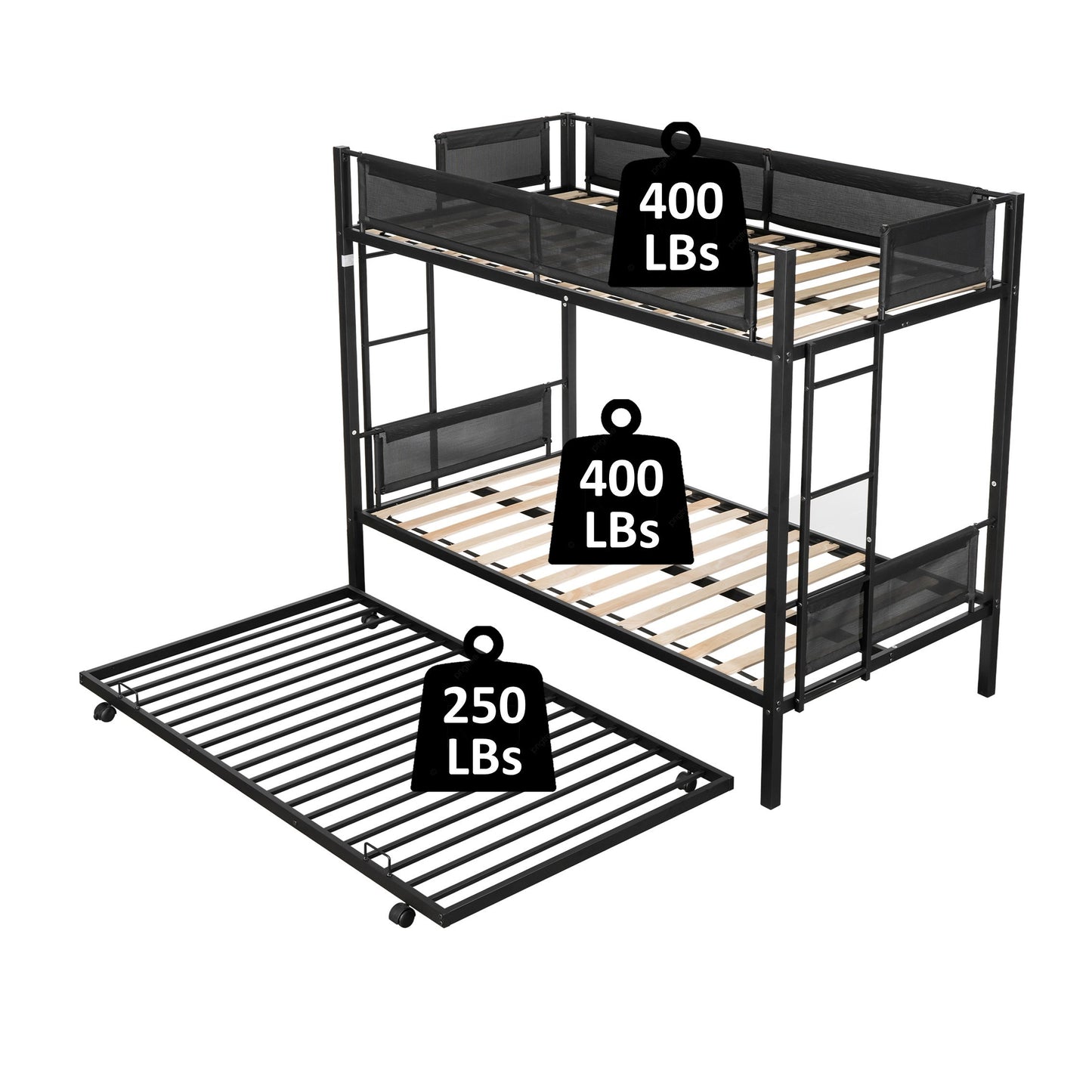 Metal Twin Bunk Bed with Trundle and Textilene Guardrails - Space-Saving Twin Over Twin Bunk Bed