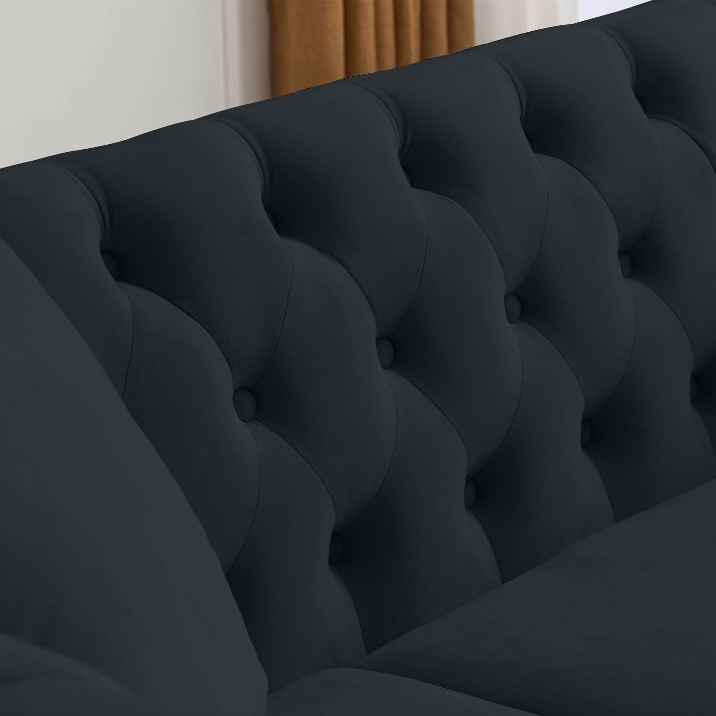 Chesterfield Sofa in Black Velvet with Rolled Arms and Nailhead Trim