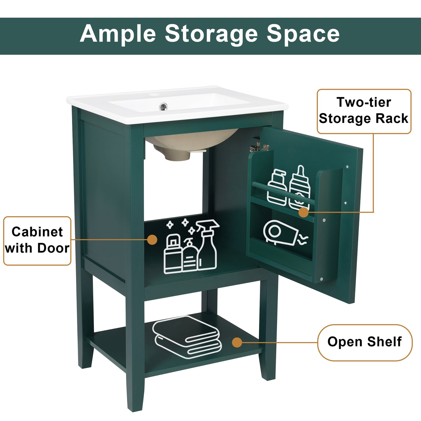 20" Bathroom Vanity with Sink, Bathroom Cabinet with Soft Closing Door, Storage Rack and Open Shelf, Green