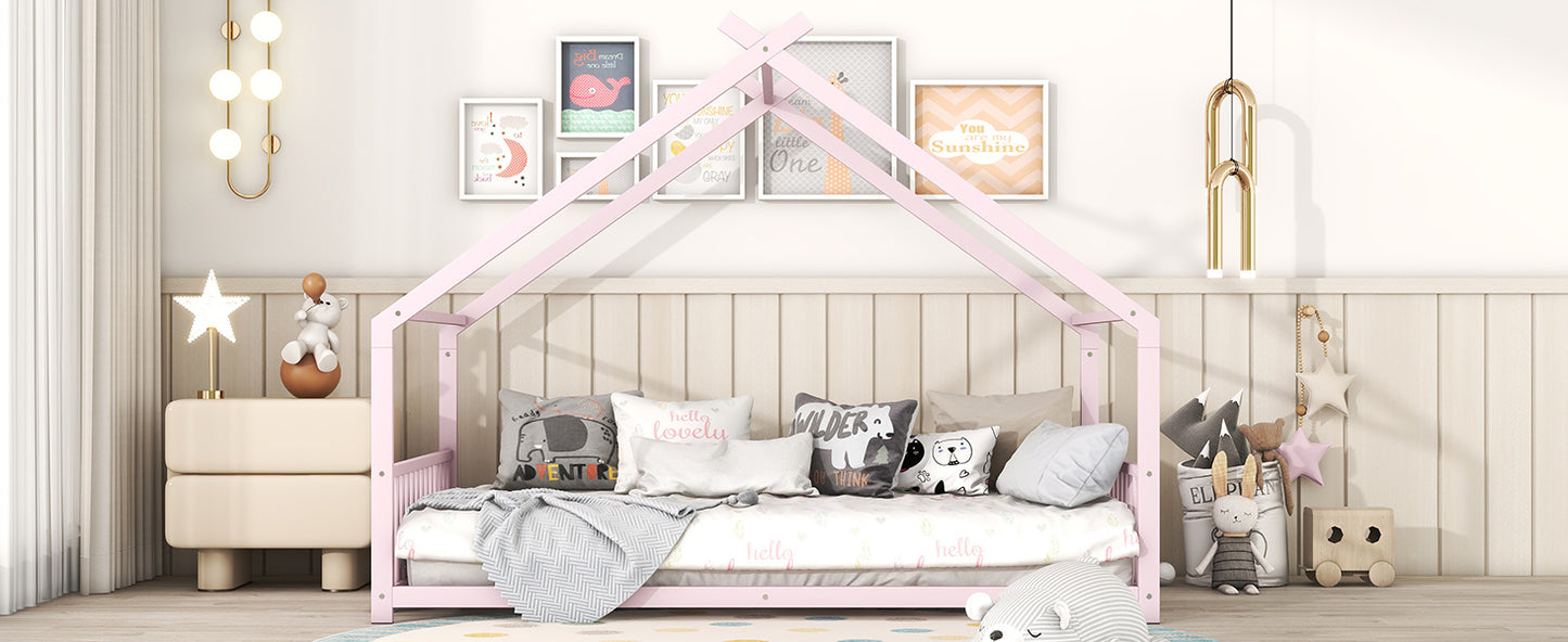 Full Size Metal House Bed, Pink