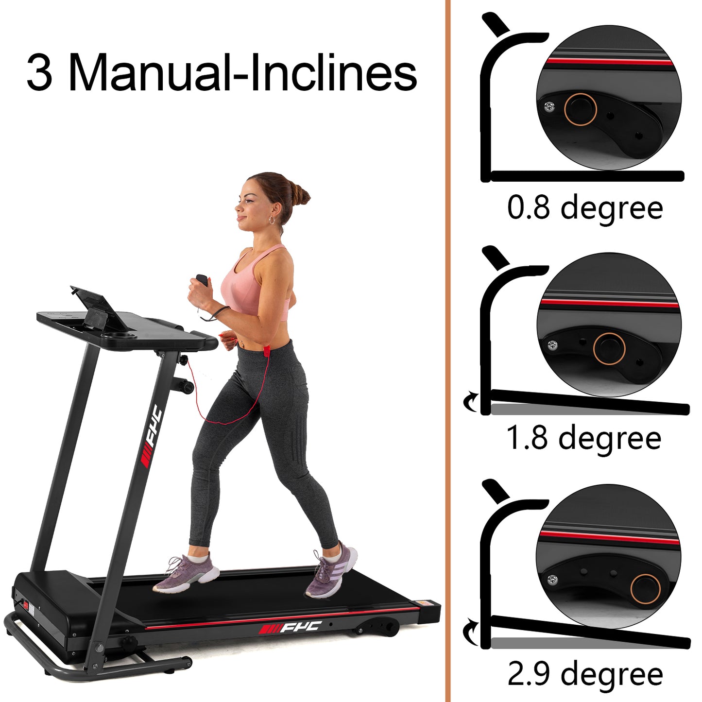 FYC Folding Treadmill for Home with Desk - 2.5HP Compact Electric Treadmill for Running and Walking Foldable Portable Running Machine for Small Spaces Workout, 265LBS Weight Capacity