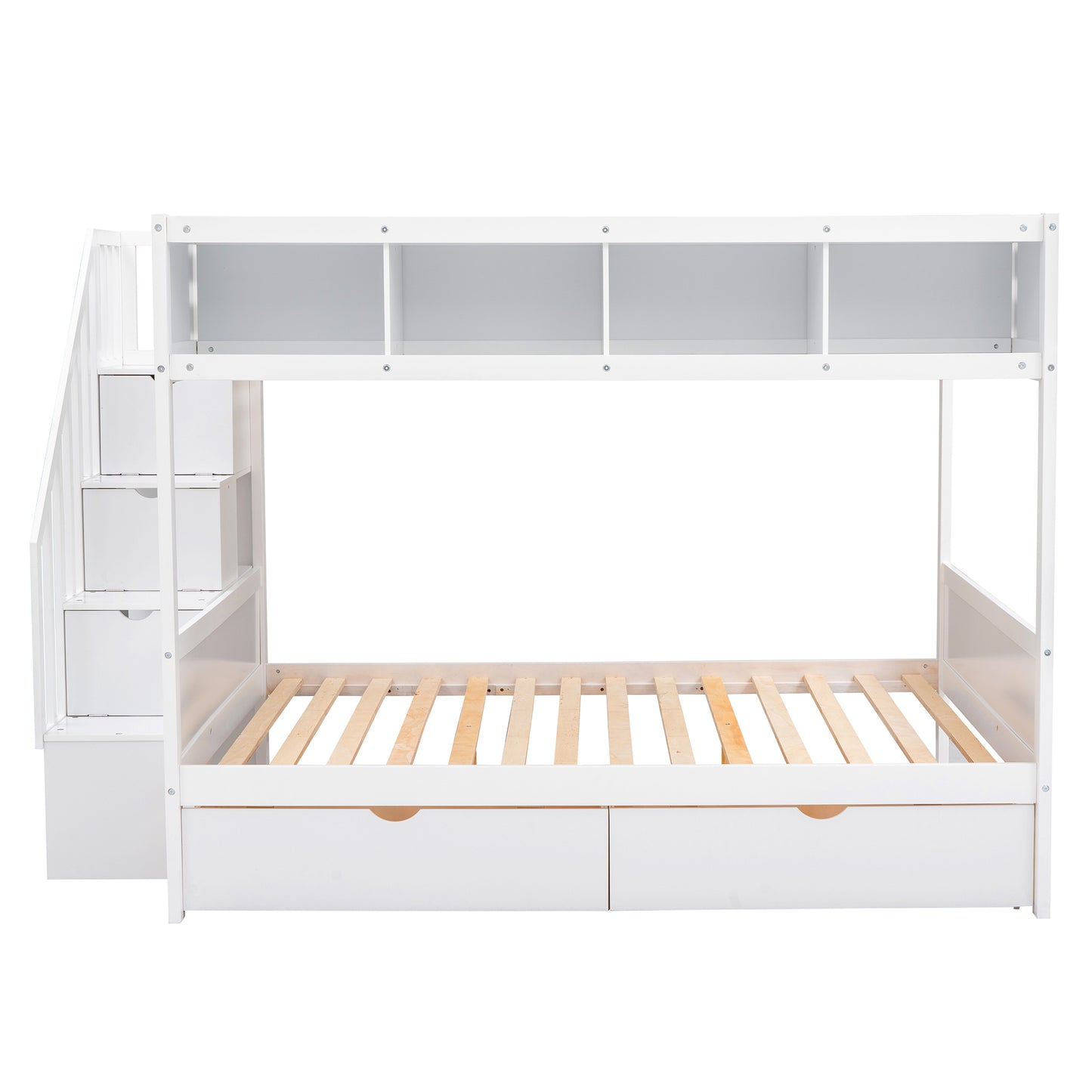 Versatile White Bunk Bed with Shelves, Storage Staircase, and Drawers