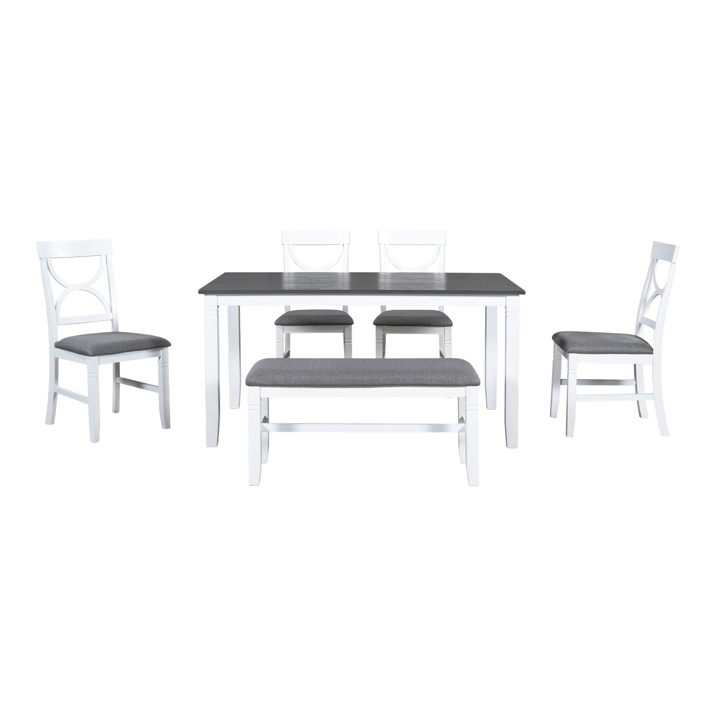 6-Piece Wood Dining Table Set Kitchen Table Set with Upholstered Bench and 4 Dining Chairs, Farmhouse Style,Gray+White